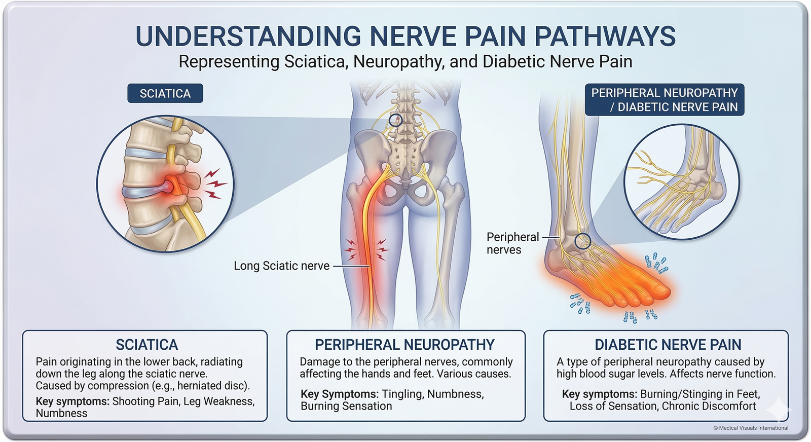Nerve pain pathways — sciatica, neuropathy, diabetic nerve pain