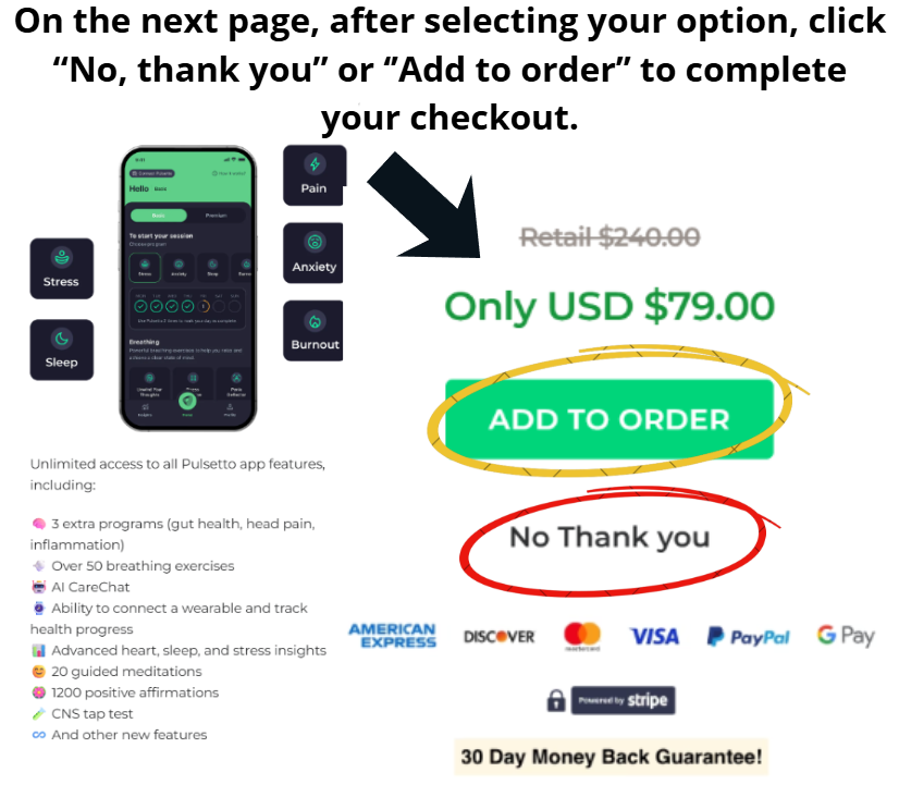 Pulsetto Checkout Options - ADD TO ORDER vs NO THANK YOU