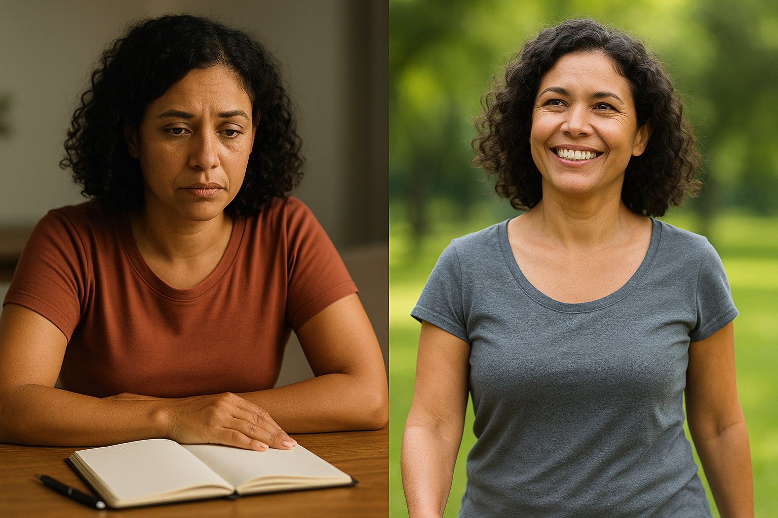 Mulher brasileira sentada à mesa com caderno, expressão pensativa