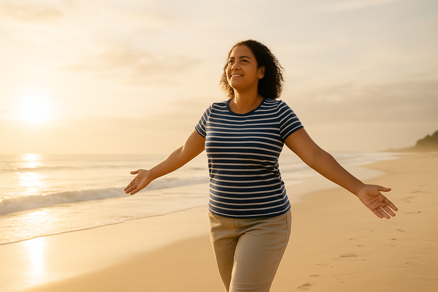 Cliente caminhando na praia, sensação de leveza e confiança