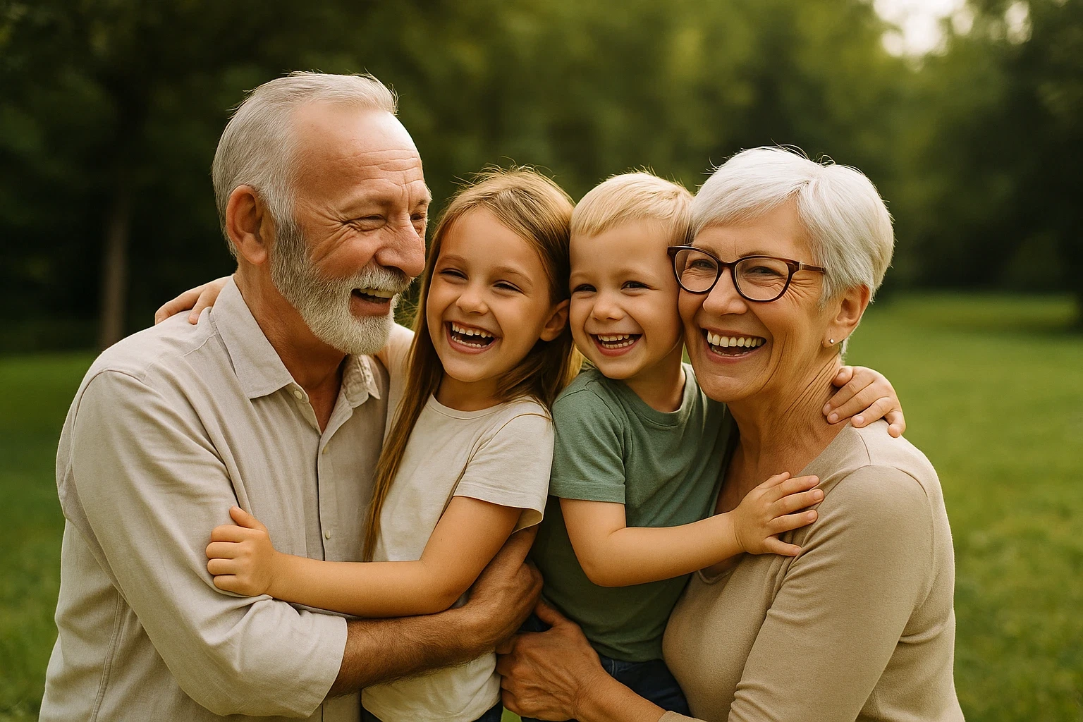 Happy senior grandparents outdoors hugging their grandchildren and smiling together