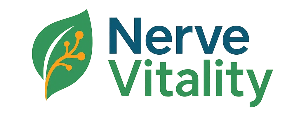 Nerve Vitality logo, a green leaf with orange neural branches and the brand name in blue and green text